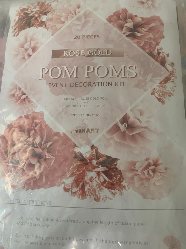 Pink White Rose Gold Party Decor Lot- Pom Poms & Pinwheels