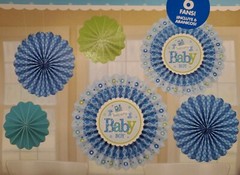 6 Paper Fan Decorations «WELCOME BABY BOY!» BABY SHOWER – BLUE TRAINS