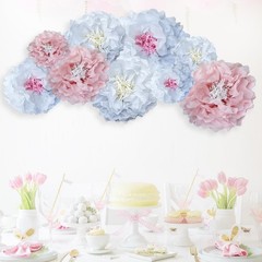 Pink Paper Flowers Decoration Blush Cream Colorful Pom Poms Wall Decor Party