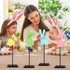 Cute Wooden Bunny Egg Rabbit Easter Standing Tabletop Decoration Block Sign