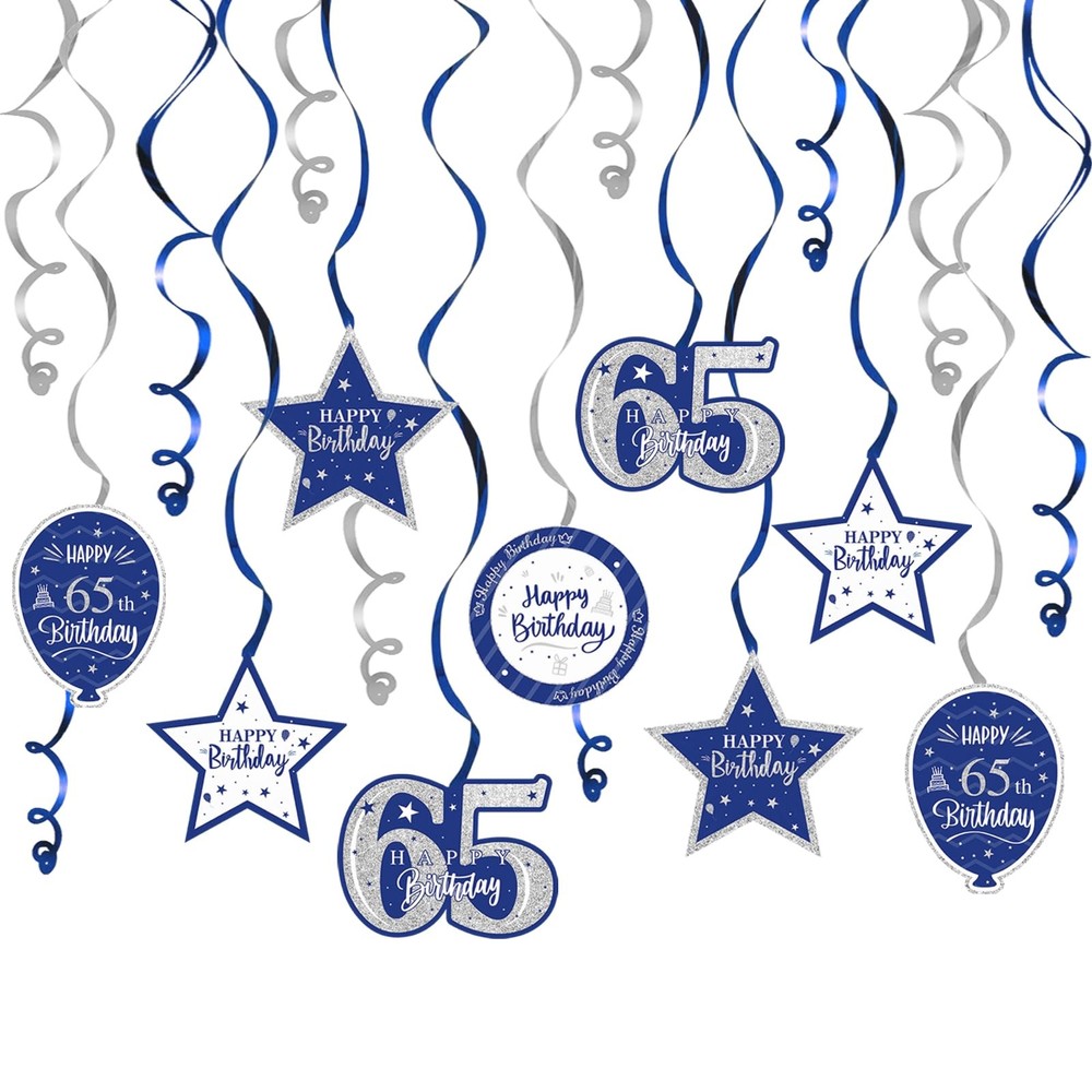 15 Pcs Happy 65th Birthday Blue Silver Glitter Swirls Streamers Decorations