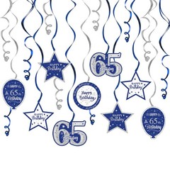15 Pcs Happy 65th Birthday Blue Silver Glitter Swirls Streamers Decorations