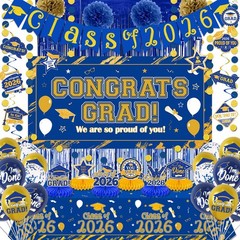 Graduation Decorations 2026 Blue and Gold Class of 2026 Banner Congrats Grad Bac
