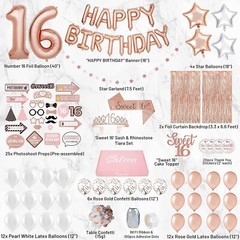 Complete Sweet 16 Rose Gold Party Package: Balloons, Props & Backdrops Included