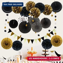 ZERODECO Party Decoration, 21 Pcs Black and Gold Hanging Paper Fans, Pom Poms Fl