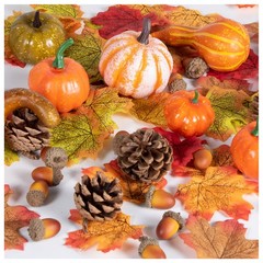 128pc Rustic Pumpkin Decoration Set Artificial Pumpkins Leaves Acorns Pinecones