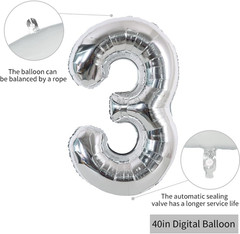 40 Inch Silver Large Numbers Balloons 0-9, Number 3 Digital 3 Helium Balloons, F