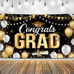 Black and Gold Congrats Grad Banner – XtraLarge, 72×44 Inch | Congrats Grad Back