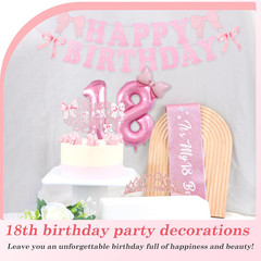 Pink Bow 18Th Birthday Decorations for Girls Happy 18Th Banner, Sash and Crow…