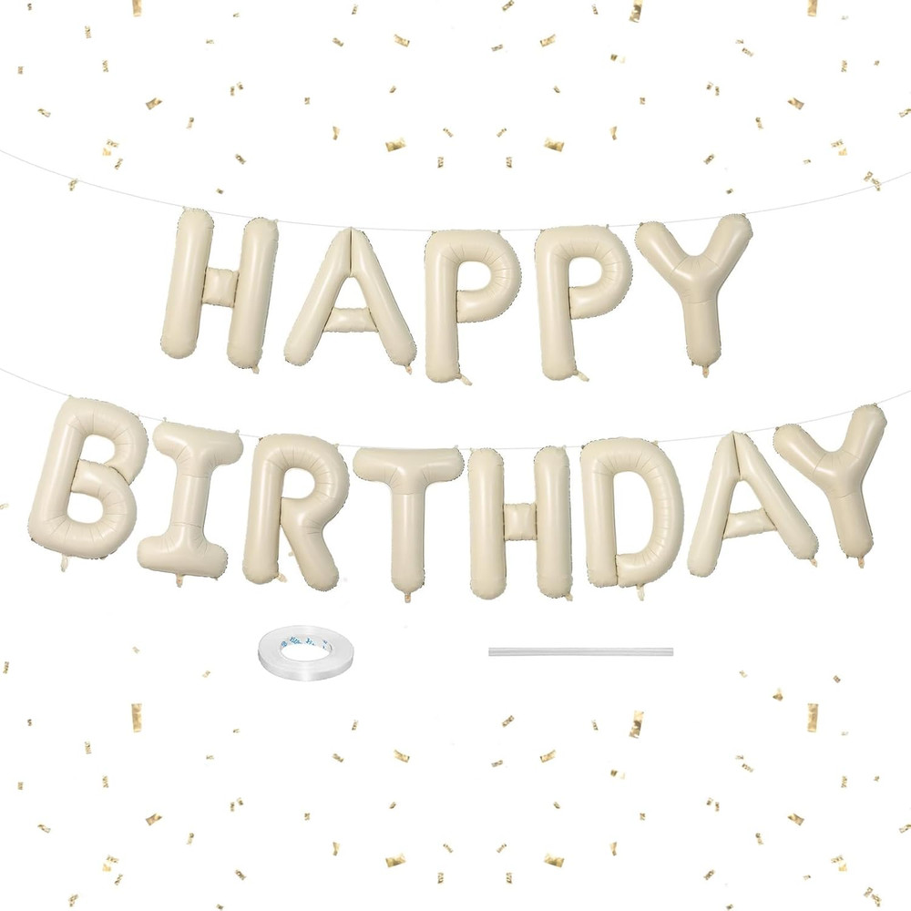 Happy Birthday Balloons Banner Beige,16 Inch Cream White Foil Letters Birthday S