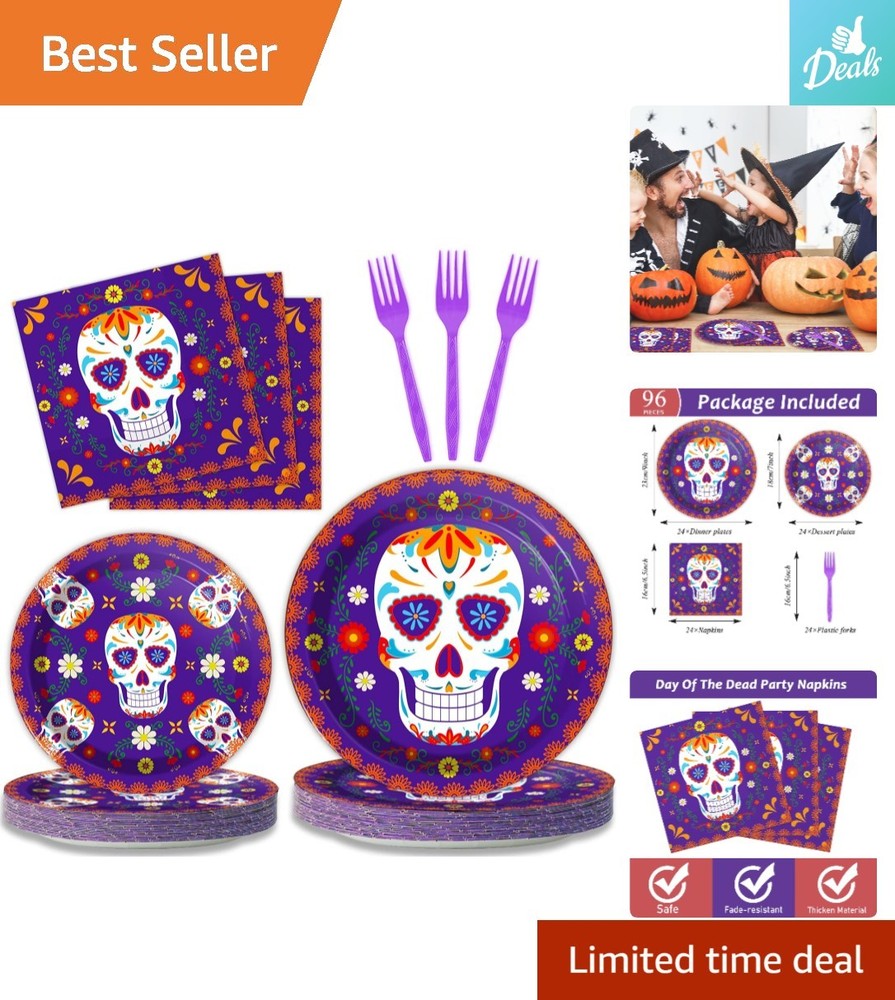 Complete 96 Pcs Mexican Fiesta Tableware Set for Day of The Dead Celebrations