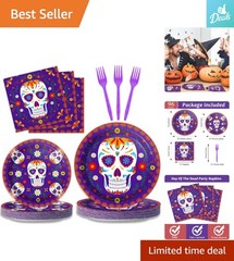 Complete 96 Pcs Mexican Fiesta Tableware Set for Day of The Dead Celebrations