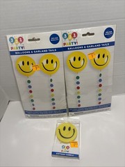 2X-2Smiley Face Balloons With Garland Tails, & 1 Candle Party Set NEW