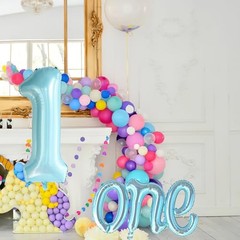 2Pcs Large Light Blue Number 1 Balloon and Script Letter One Light-blue