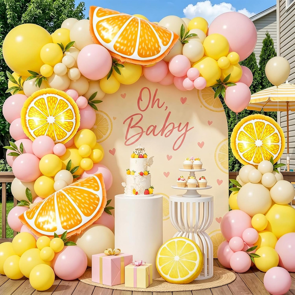 146Pcs Lemon Balloon Arch Garland Kit,Pink and Yellow Balloon Arch Kit with Lemo