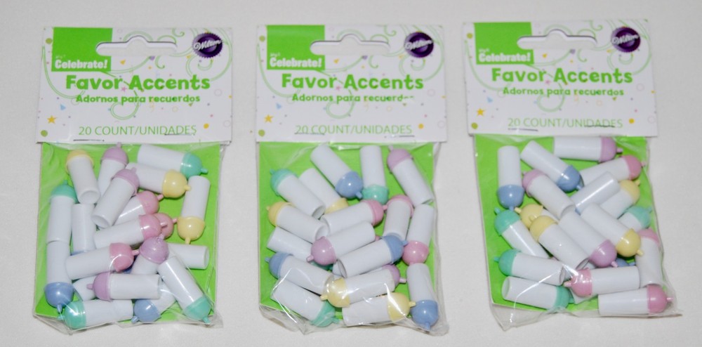 New 3X Wilton Multicolor Plastic Baby Bottle Baby Shower Party Favors 60ct Total