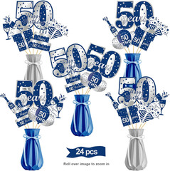 24Pcs Blue Silver 50Th Birthday Table Topper Decor, Including 24 Pattern Cardboa