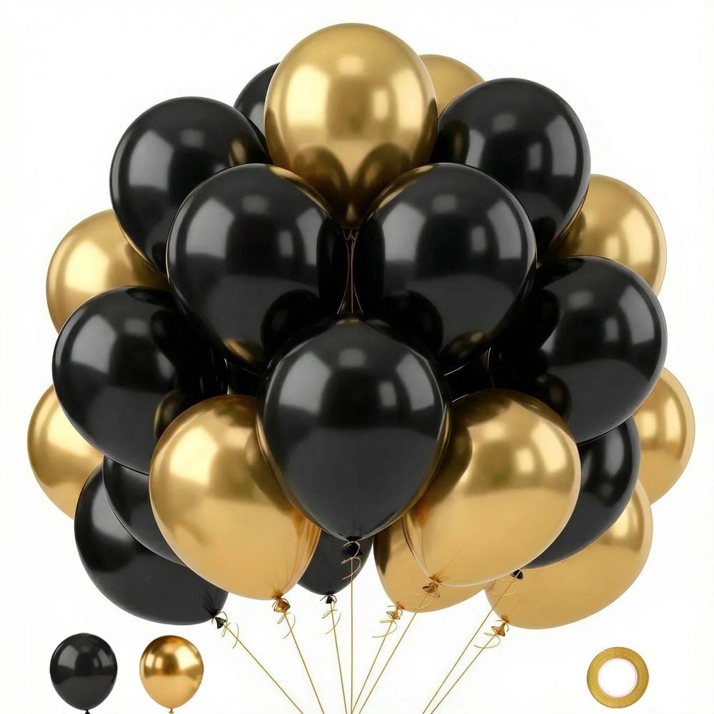 Balloons Black and Gold Metallic 70pcs 12inch Graduation Anniversary Birthday