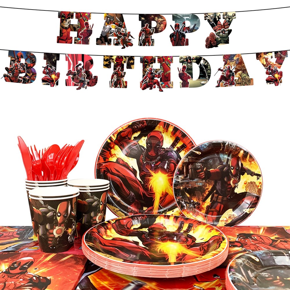 114Pcs Deadpool Party Decoration Spider Man Birthday Supplies Tableware Cups Set