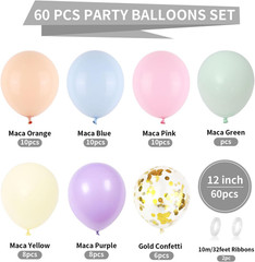 60 PCS Pastel Latex Balloons – 12 Inch Macaron Pink Blue Purple Green Yellow Ora