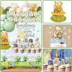 132pcs Classic Winnie Baby Shower Decorations Kit, All-in-1 Green, Yellow