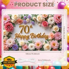Flower 70th Birthday Banner Decorations for Women Pink Roses Floral Happy 70t…