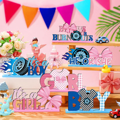 6 Pcs Burnouts or Bows Gender Reveal Party Wooden Centerpieces Table Toppers for