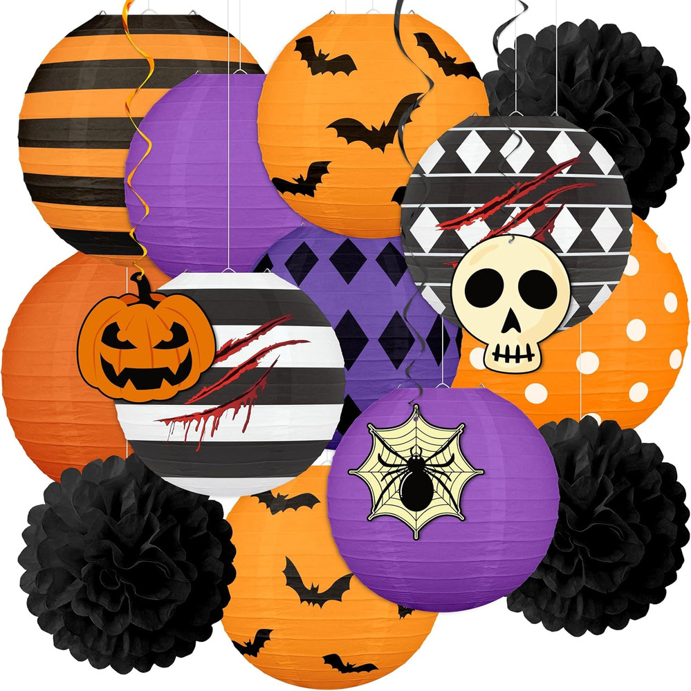 16Pcs Halloween Decorations Paper Lanterns Set | Pom Poms and Hanging Swirls for