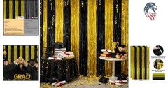 Graduation Decorations Backdrop Banner 2026 Black Gold Foil Fringe Curtain Pa…