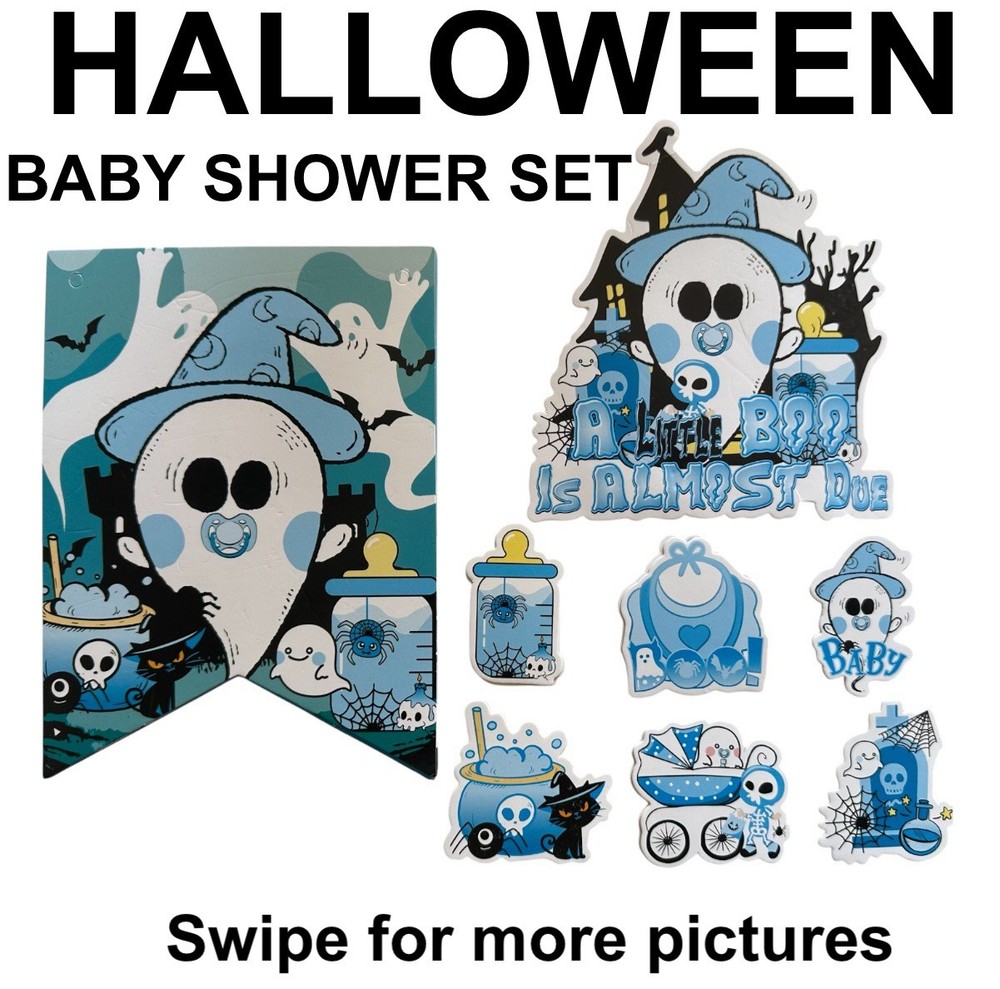Halloween Baby Shower Set “A Little Boo Is Almost Due” Banner & Cake Toppers