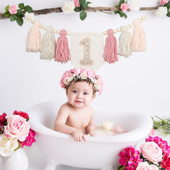 Handmade Boho Pink 1St Birthday High Chair Banner First Highchair Banner for Bab