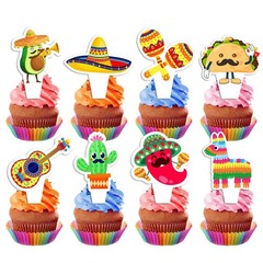 32 PCS Mexican Fiesta Cupcake Toppers – Cactus Donkey Maraca Sombrero Taco for M
