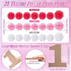 14.7 Inch Wooden Number 1, 21 Pcs Tissue Paper Flowers, Decoration for DIY Craft