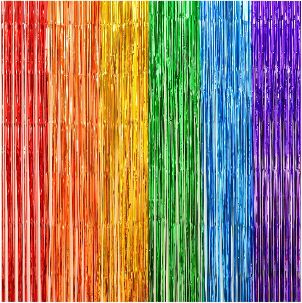 2 Pack Rainbow Foil Fringe Curtains, 3.3X6.6 Ft Metallic Tinsel Backdrop Party D