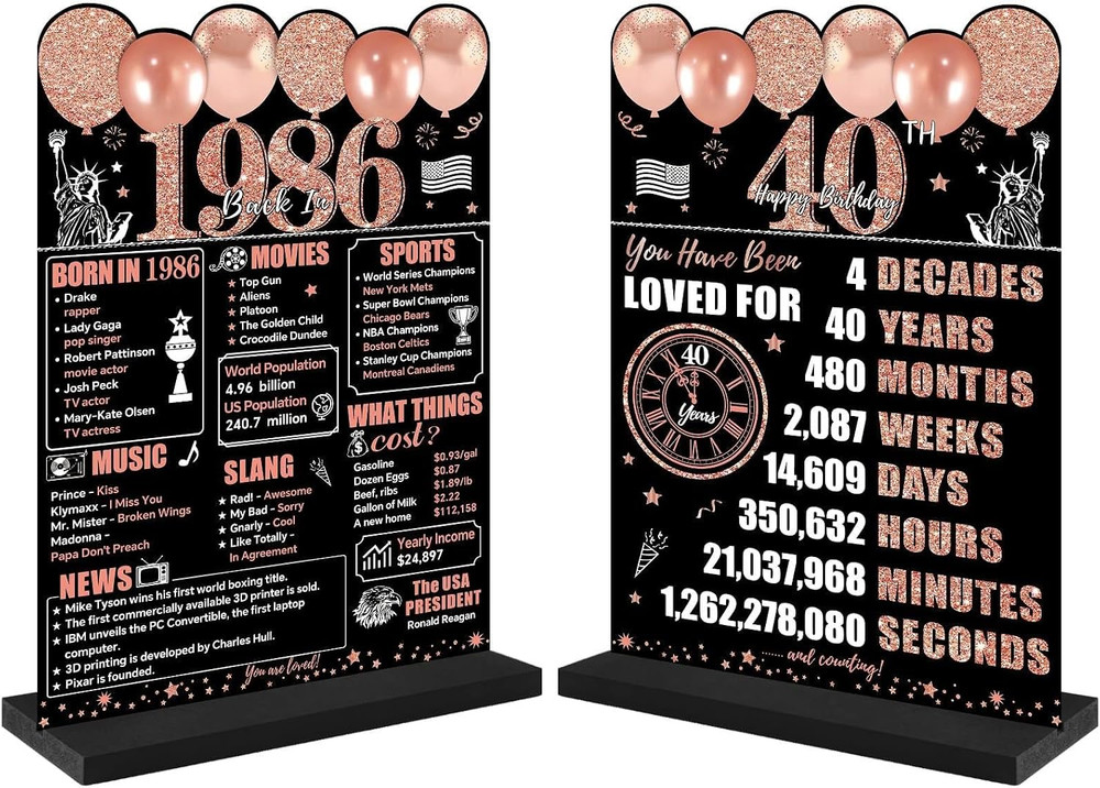 Rose Gold 40Th Birthday Decorations for Women, Two-Sided Vintage 40 Back in 1986