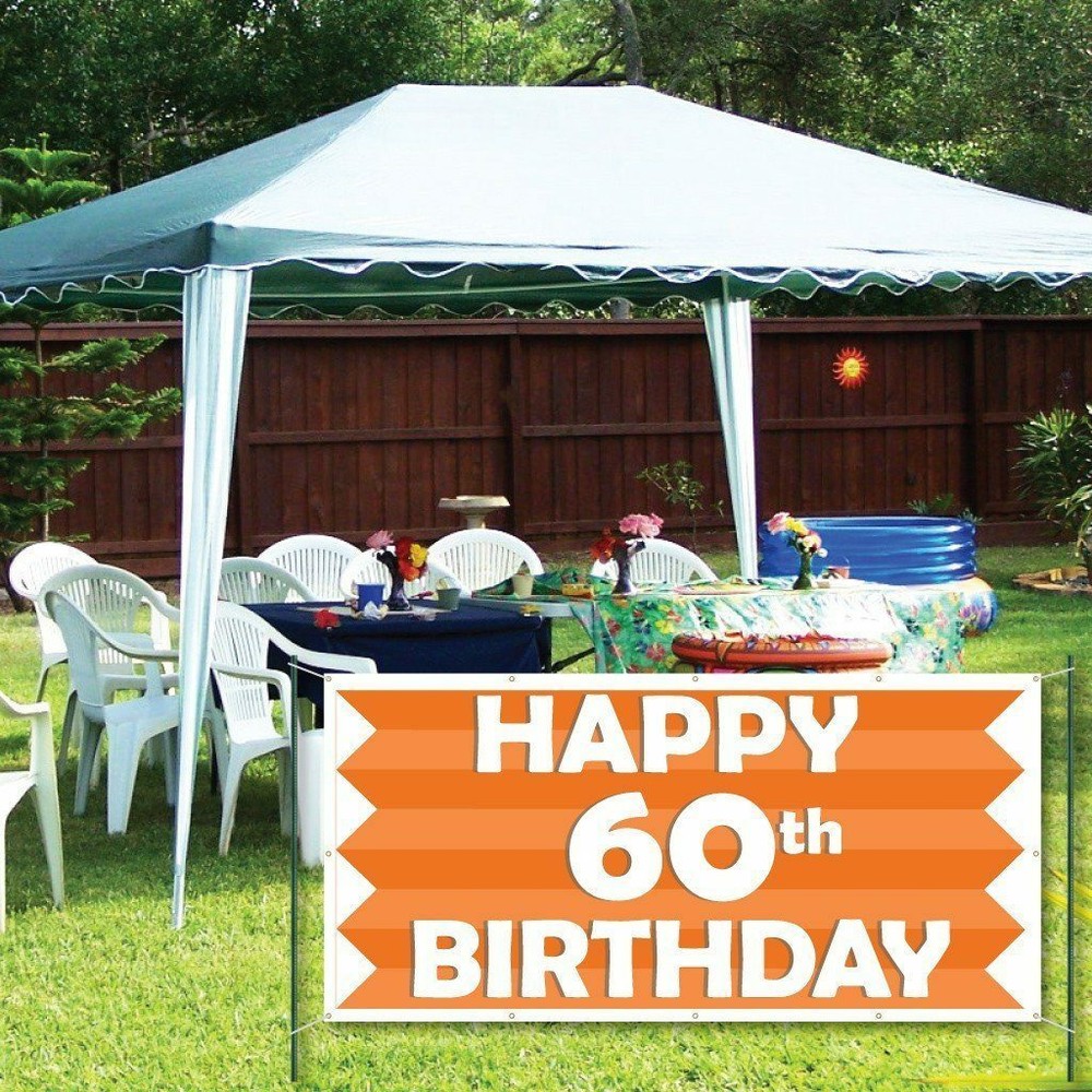Happy 60th Birthday Orange Stripes 2’x4′ Vinyl Banner