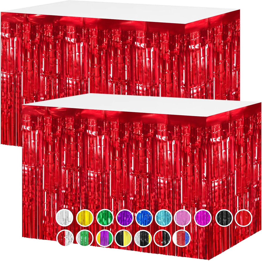 2 Packs Red Table Skirts Metallic Foil Fringe Table Skirt Streamer Backdrop for
