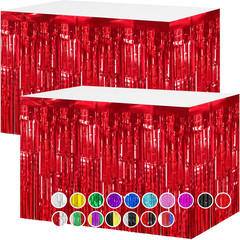 2 Packs Red Table Skirts Metallic Foil Fringe Table Skirt Streamer Backdrop for