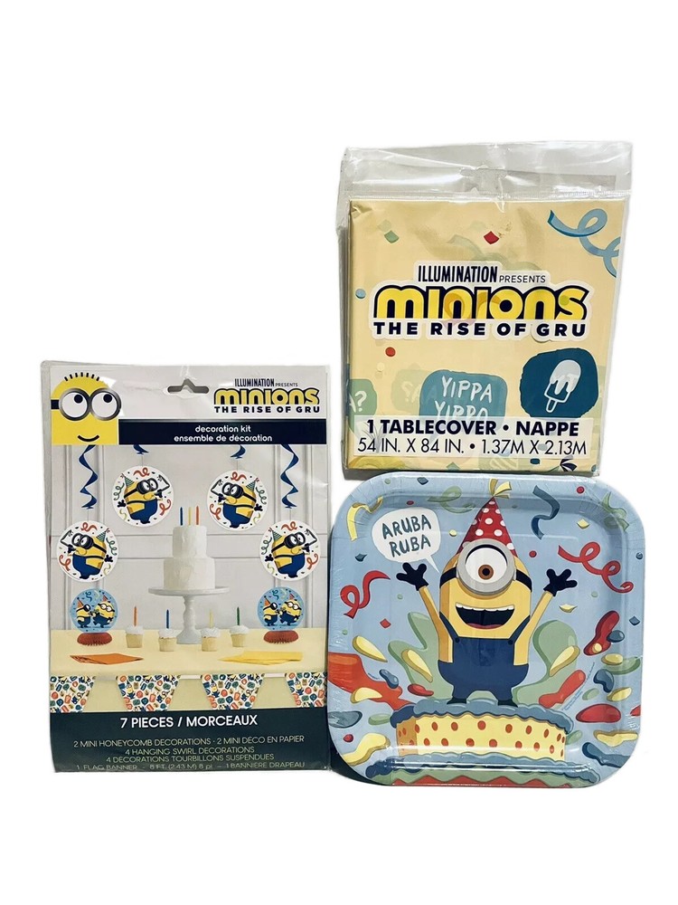 Minions Birthday kit – 8 plates, table cloth, 7pc decorating kit Lot 3- NEW