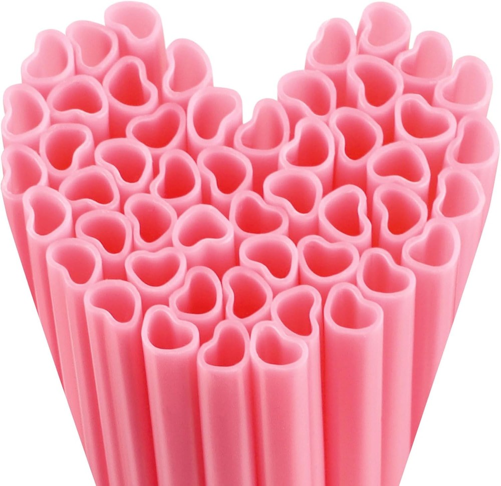 50pcs Pink Heart Shaped Straws Cute Plastic Drinking Heart Straws Disposable for