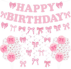 Bow Birthday Party Decorations, Pre-Strung Pink Bow Happy Birthday Banner, Cute