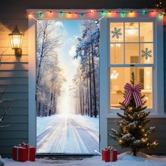 Christmas Door Cover for Front Christmas Door Decorations Festive Snowy Fores…