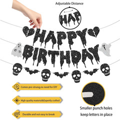 Glitter Black Halloween Birthday Banner-Heart Ghost and Skull Happy Birthday Dec