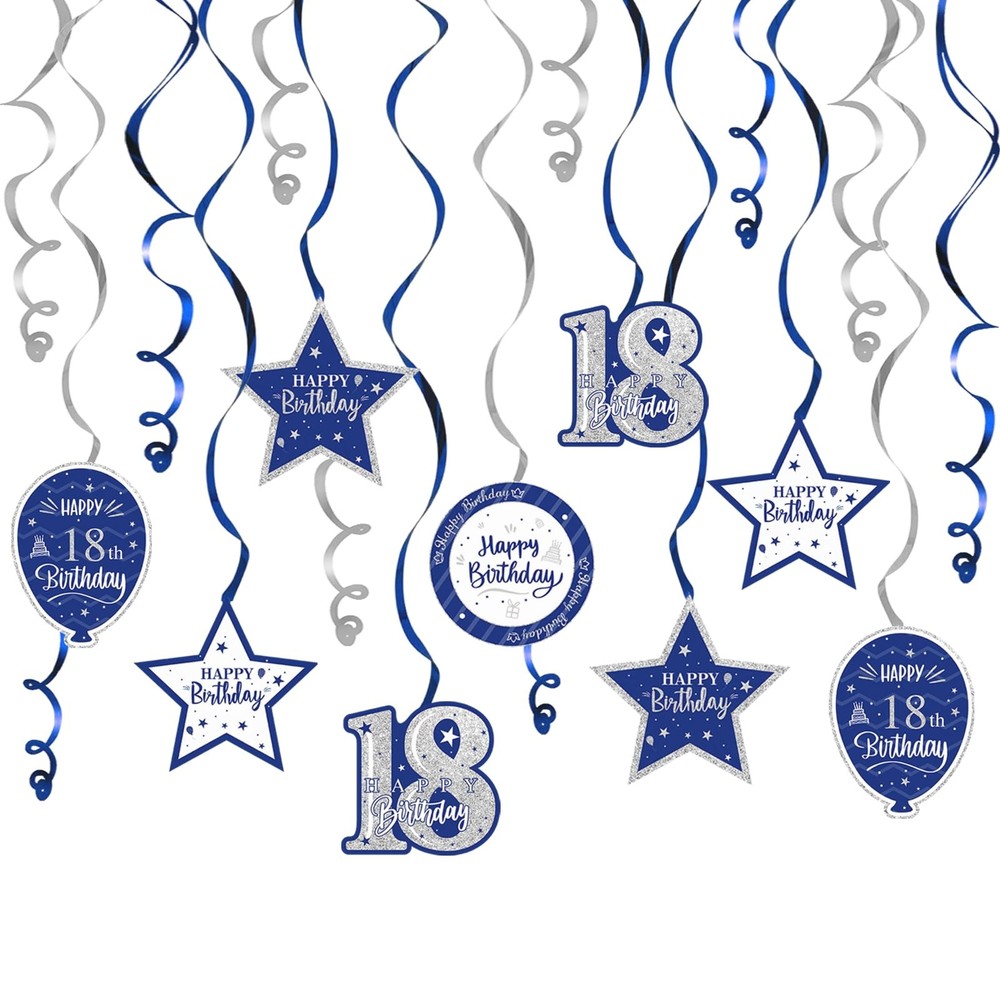 Happy 18th Birthday Blue & Silver Glitter Swirls Streamers Party Decorations …