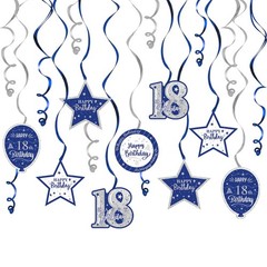 Happy 18th Birthday Blue & Silver Glitter Swirls Streamers Party Decorations …
