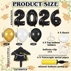 4 Sets 5 ft Graduation 2026 Balloons Column Stand Kit Jumbo Black 2026 Grad C…