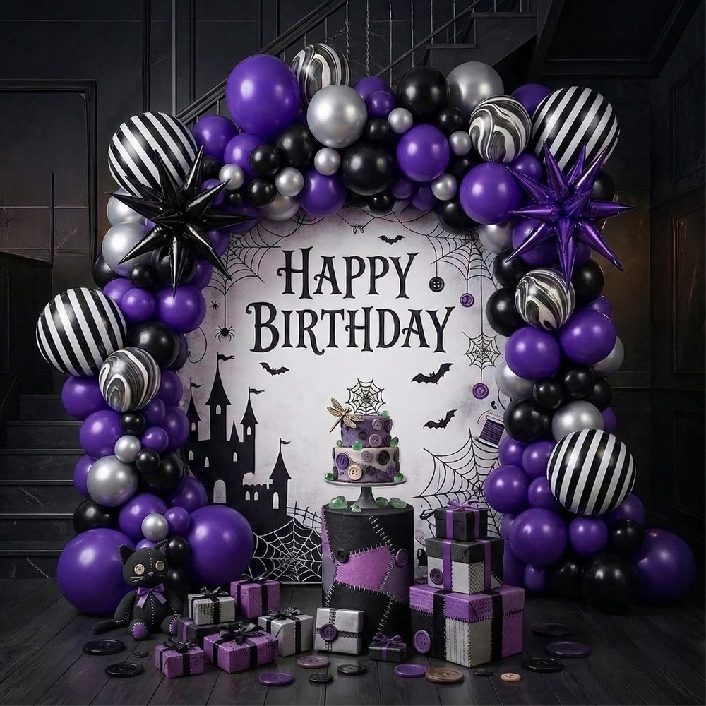 Purple and Black Silver Balloon Garland arch kit with Star foil Balloons for …