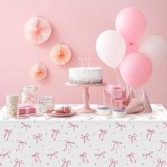 2Pcs Coquette Party Tablecloths Decorations,Pink and White Bow Plastic Table