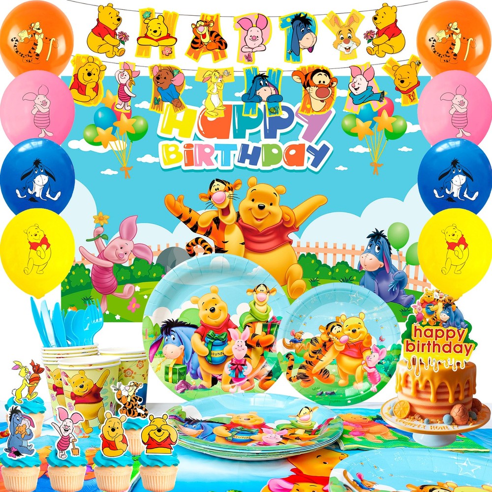 Disney Winnie The Pooh Party Tableware Supplies Birthday Decor Plates Banner Cup