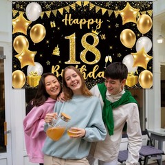 18th Birthday Decorations Backdrop Banner Black Gold Happy 18th Birthday Banners